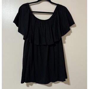 Woman Within Black Ruffled Neckline Top Size L Relaxed Boho Flowy  Gothic Casual